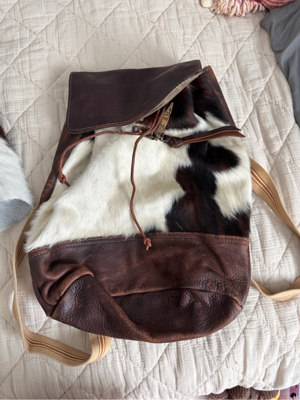 Canoe Brown Leather and Cowhide Backpack - Classic Rustic Tote